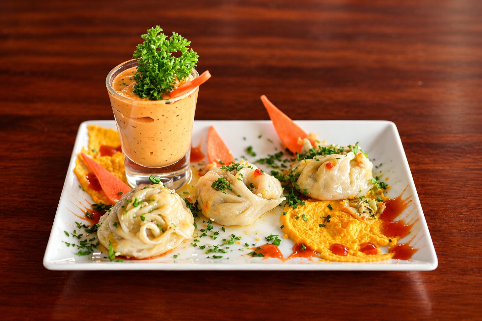 Steamed dumplings with creamy dip